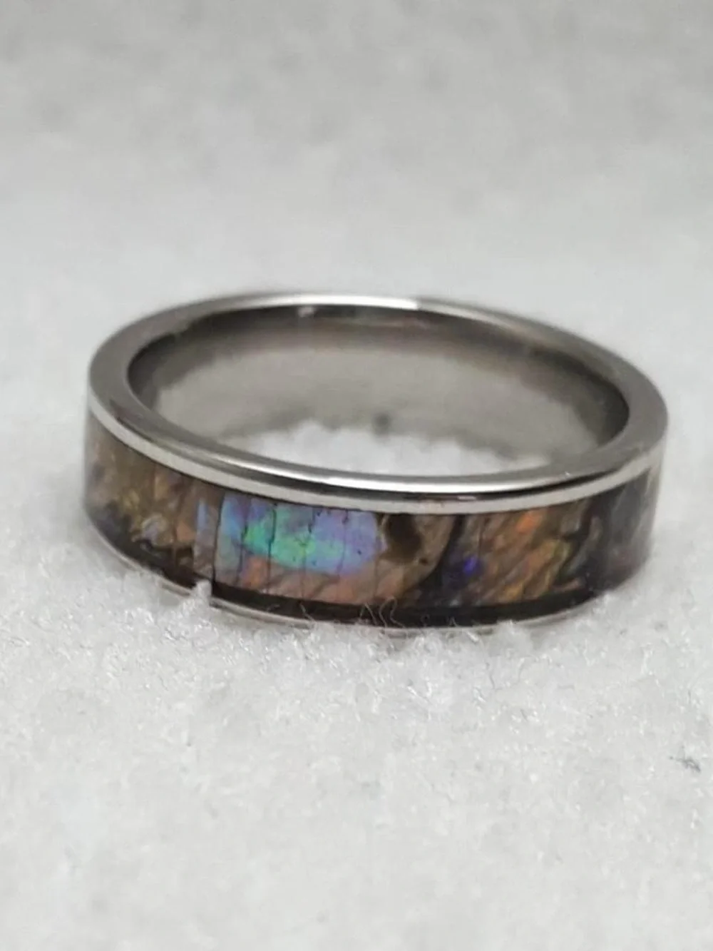 Abalone Inlay Stainless Steel Band Ring - Iridescent Green & Blue